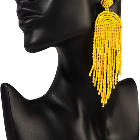 Long Yellow 4.5" Modern Art Deco Oversized Earrings New Bohemian Tassel Fringe - Picture 2 of 5